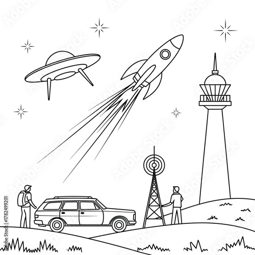 Retro sci fi scene with rocket ufo and lighthouse