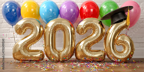 Golden 2026 balloons with a graduation cap and colorful confetti, celebrating new beginnings, achievements, and future goals. Perfect for graduation, New Year, or milestone events.