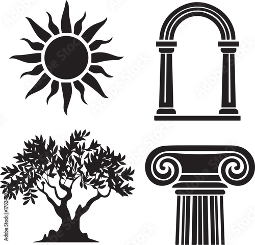 Ancient Greek symbols collection sun, arch, olive tree, column.