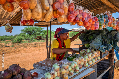 african woman, street vendor stall with fresh vegetables on the side of the dirt road, self employed small business