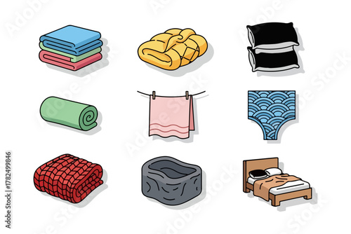 Towel collection stacked rolled and hanging illustrations