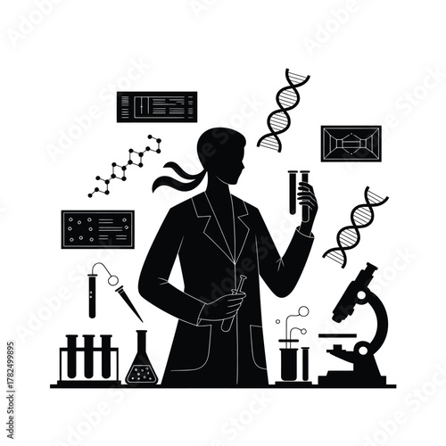 Scientist in silhouette conducting research with dna and microscope