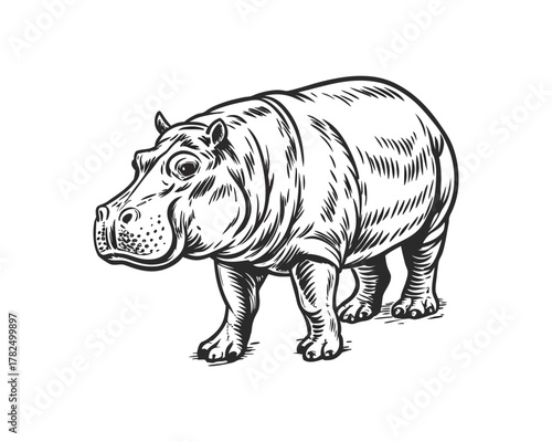 A black and white hand-drawn illustration of a hippopotamus standing with its body angled towards the viewer. The sketch features detailed shading