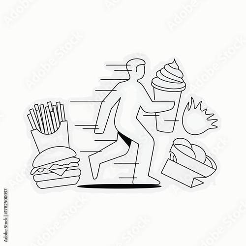 Man running away from unhealthy fast food items illustration