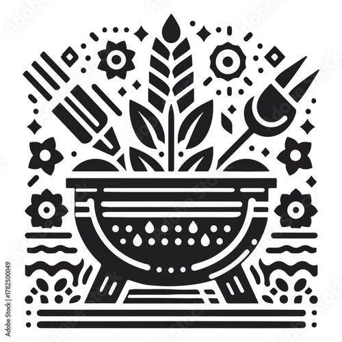 Organic Gardening Utensils and Blooming Flowers Art