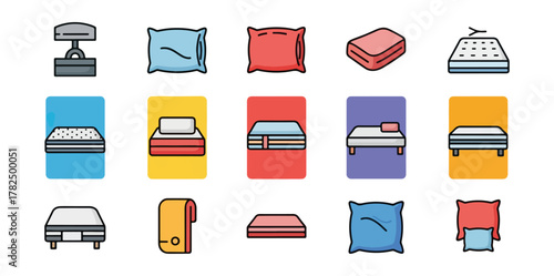 Bedding icons pillows mattresses blankets linear illustrations design