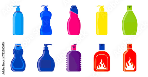 Collection of colorful bottles with pumps and dispensers for liquids