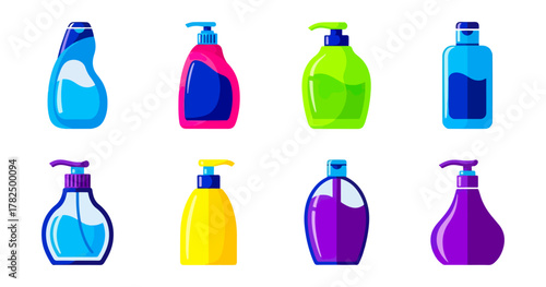 Collection of colorful cleaning bottles on black background