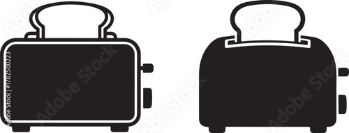 Kitchen Appliance Icon: Black Silhouette of a Toaster with Bread Slice

Breakfast Tool Vector: Monochrome Graphic of a Toaster for Toasting

Simple Home Equipment: Illustration of Bread Heating Machin