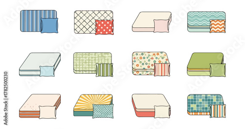 Collection of decorative mattresses and pillows isolated on black background