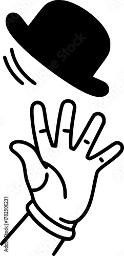A white-gloved hand tosses a black bowler hat. A gesture of greeting, focus, or joy. Elegance, celebration, magic, and vintage.