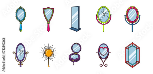 Collection of decorative mirrors various shapes and styles on black background