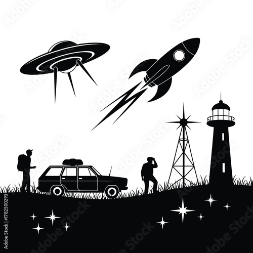 Silhouette of ufo rocket car and lighthouse under starry sky