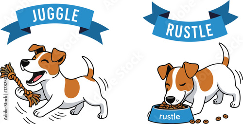 Cute cartoon dog playing with toy rope and eating food, funny puppy illustration showing playful and hungry pet behavior