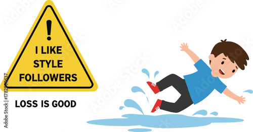 Funny warning sign with slipping boy cartoon, humorous safety illustration, wet floor caution, social media follower style concept art