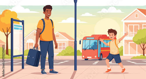 Father greeting son at bus stop illustration, happy school return, family reunion and education journey concept background design