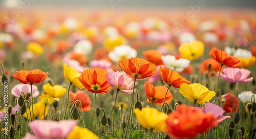 Colorful Poppy Flower Field Blooming in Springtime with Soft Light