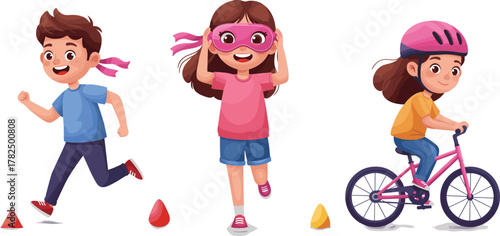 Happy kids playing outdoor sports activities, running, cycling and having fun, promoting healthy active lifestyle for children