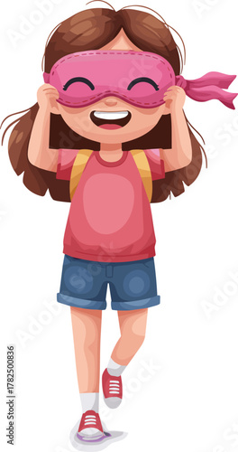 Happy little girl wearing pink superhero mask and cape playing pretend hero game, joyful childhood imagination concept illustration