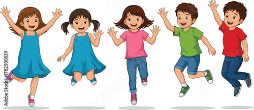 Happy group of kids jumping together, cheerful children playing in colorful clothes, smiling boys and girls having fun outdoors illustration