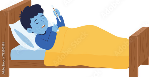 Sick man lying in bed feeling unwell with thermometer, fever illness recovery and healthcare concept flat illustration