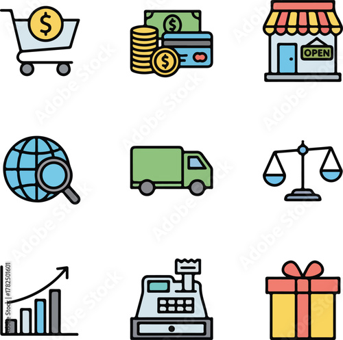 Flat Line Icons Set for Business and Commerce 001