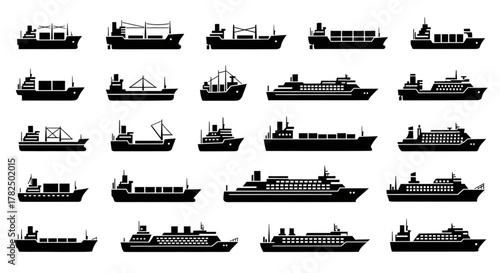 Diverse Cargo Ship and Ferry Icons Set for Global Logistics and Maritime Industry Design Projects