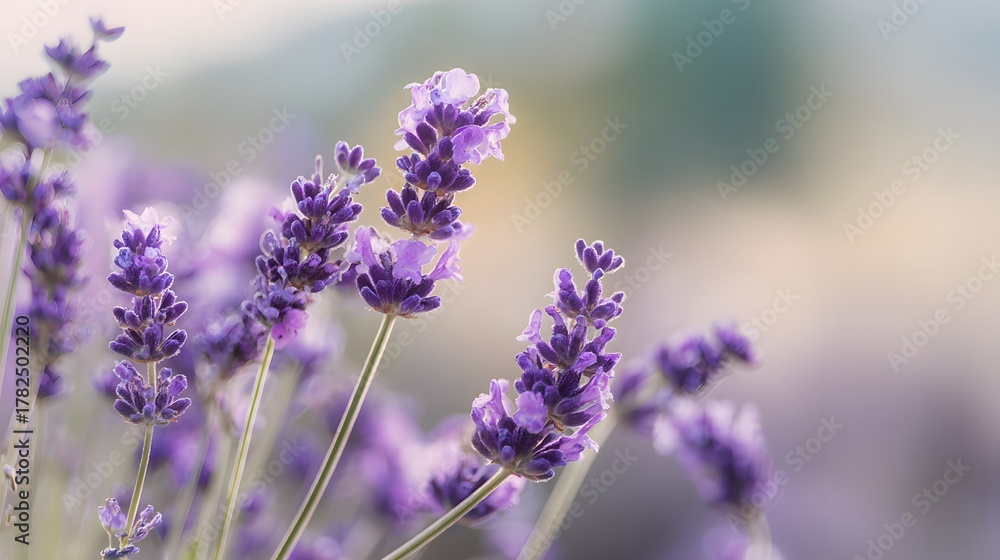 Fototapeta premium Delicate stalks of purple flowering herbs bloom vibrantly against a soft, hazy background
