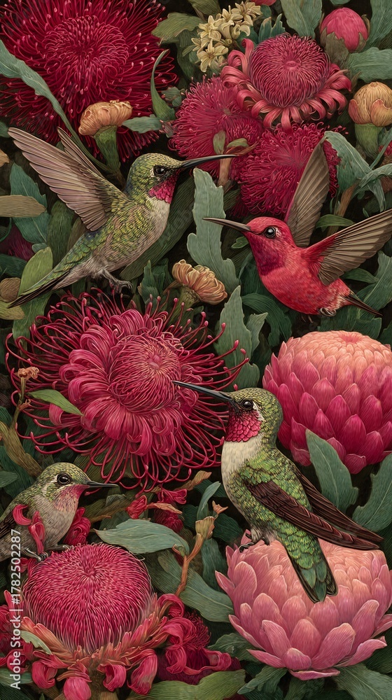 Fototapeta premium Hummingbirds amidst vibrant crimson blossoms creating a surreal garden scene artwork