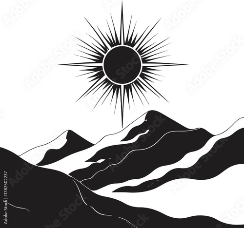 Bold outline of a rising sun over hills 1