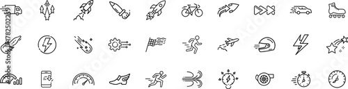 Collection of 30 icons representing speed, motion, and energy, including cars, rockets, lightning, and gauges, isolated on transparent background