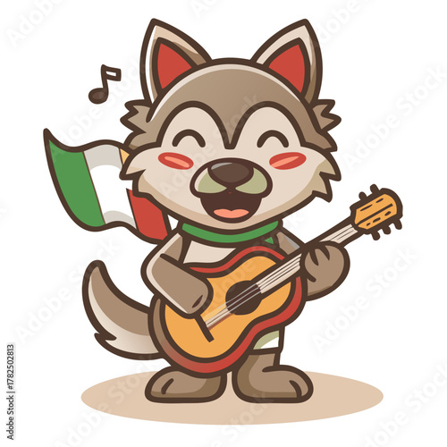 Cute Italian wolf musician playing mandolin with joyful expression and flag on white background