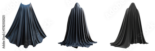 Three distinct black capes draped in elegant folds. The capes cascade, creating flowing lines and a sense of movement