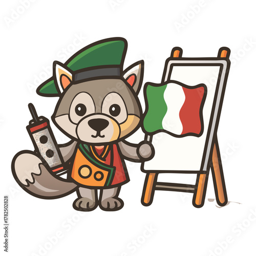 Cute Italian wolf painter with beret and palette holding flag beside easel on white background