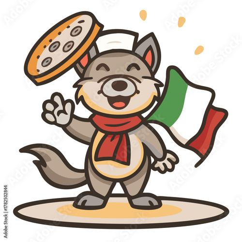 Cute Italian wolf pizza chef tossing dough with joyful expression and flag on white background