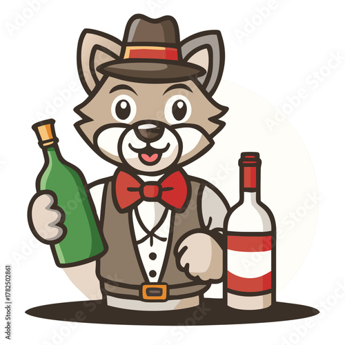 Cute Italian wolf winemaker holding bottle and grapes with cheerful expression on white background