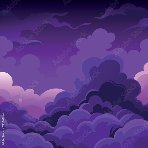 Mystical night landscape with glowing purple clouds, dark silhouettes of trees, and a dreamy fantasy sky — vector illustration, flat style, soft gradient