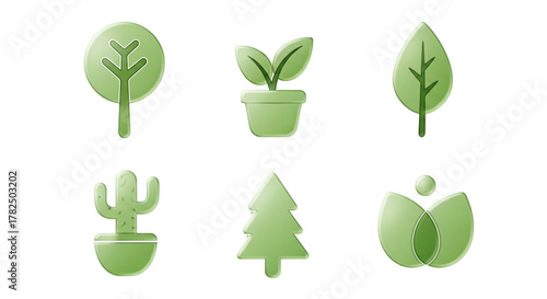 Green Nature Icons Set Tree Plant Cactus for Ecology Web Design Environmental App UI Graphics