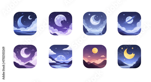 Celestial Night Sky Moon Phases App Icons Set for Weather Widgets and Sleep Tracking UI Design