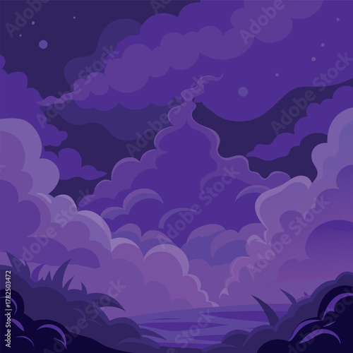 Mystical night landscape with glowing purple clouds, dark silhouettes of trees, and a dreamy fantasy sky — vector illustration, flat style, soft gradient