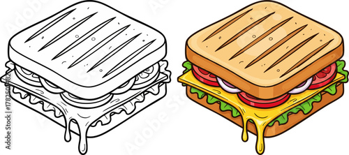 Cartoon illustration of a savory sandwich with melted cheese, shown in two styles.