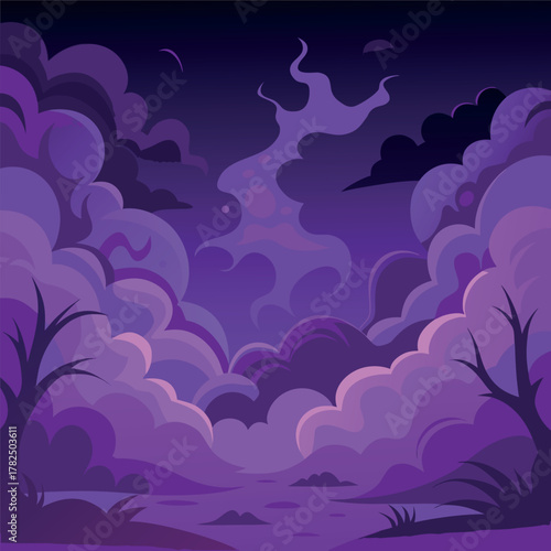 Mystical night landscape with glowing purple clouds, dark silhouettes of trees, and a dreamy fantasy sky — vector illustration, flat style, soft gradient