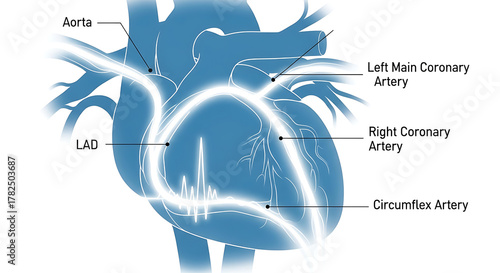 Human heart showing coronary arteries and blood flow, with labeled anatomy and a heartbeat tracing, illustrating cardiovascular health.