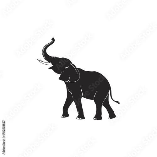 Black Silhouette of Elephant with Raised Trunk on White Background