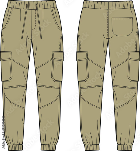 cargo jogger pants, technical sketch, elastic waistband design, flap pocket detail, segmented seam illustration, fashion template, garment construction, apparel flat drawing