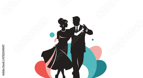 Elegant couple dancing gracefully in a vibrant artistic display with colorful abstract shapes.