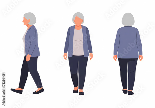 Senior woman in casual clothes shown in three views: side walking, front standing, and back standing, ideal for character animation or design mockups.