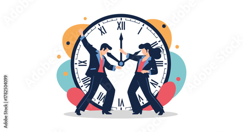 Busy professionals dancing happily in front of a large clock signifying busy times