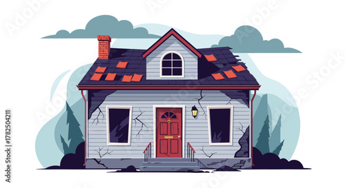 A rundown dilapidated house with a damaged roof and peeling paint stands under a cloudy sky.