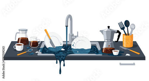 Dirty dishes and a sink full of water after making coffee.
